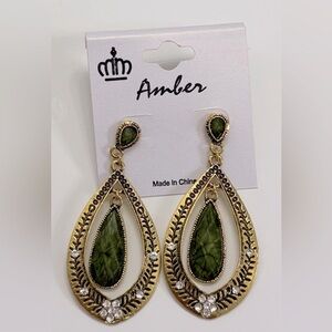 Green and Gold Teardrop Earrings Fashion Jewelry